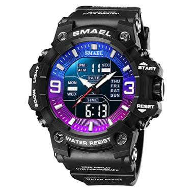 Imagem de FANMIS Relógio masculino analógico, digital, para esportes ao ar livre, militar, multifunções, LED, eletrônico, grande, com visor duplo, luminoso, à prova d'água, Wrsitwatch, Preto, azul, roxo