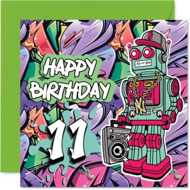 Imagem de Cartões de aniversário de 11 anos para meninos - Robô graffiti malvado - Cartão de feliz aniversário para menino de 11 anos afilhado irmão neto enteado, cartões comemorativos de aniversário de 145 mm