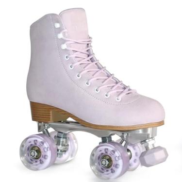 Imagem de Patins para mulheres ou homens com rolhas de borracha ajustáveis de altura retrô de camurça quadriciclo patins para uso externo e interno (roxo, 8)
