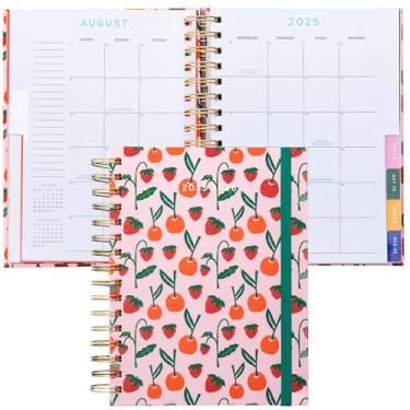 Imagem de ban.do Agenda média diária e semanal de 17 meses, agosto de 2025 a dezembro de 2026, agenda espiral de capa dura com calendário mensal, adesivos, arte e páginas bônus (cerejas e morangos)