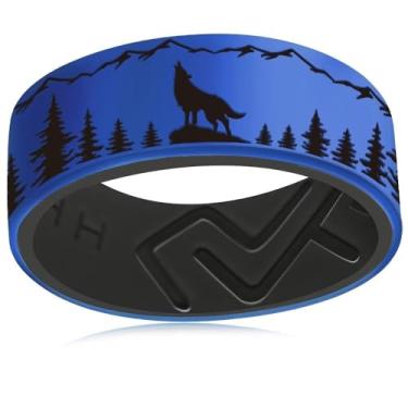 Imagem de XAHH Anel de silicone para homens e mulheres, anel de caça ao ar livre com pico da floresta de lobo, alianças de casamento de borracha, preto, cinza, azul, roxo, verde, vermelho, Silicone, Sem pedra