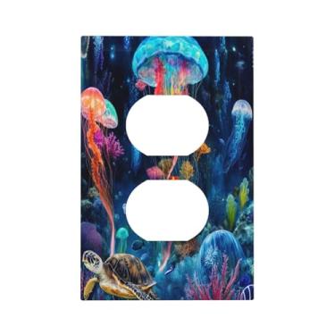 Imagem de Spshian Tampas De Tomada Blacklight Jellyfish Sea Turtle Fantasy Ocean 1 Gang Duplex Light Switch Cover Plate Placas Decorativas Parede Elétrica Para Banheiro Decoração Casa