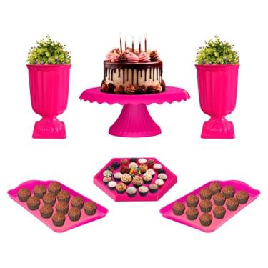 Imagem de Kit Decoração Mesa Neon Boleira Vaso Grego e Bandejas Brilha na Luz Negra (Rosa)