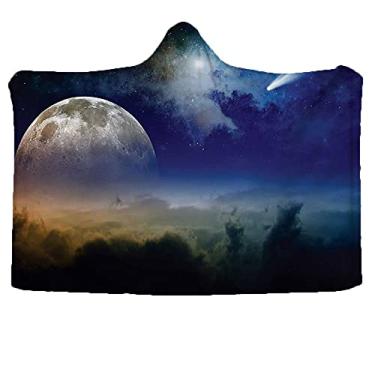 Imagem de Cobertor vestível no espaço sideral, capa com capuz, nuvens vibrantes, lua cheia e cometa no céu escuro, horizonte celestial, cobertor vestível para sofá, bebê, crianças, homens, mulheres, L 150 x C