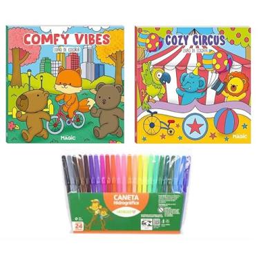 Imagem de Kit 2 Livros de Colorir Infantil (Comfy Vibes e Cozy Circus) com Estojo de 24 Canetas Hidrográficas