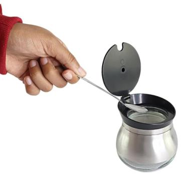 Imagem de Açucareiro de Vidro com Tampa Basculante, Recipiente para Açúcar com Colher, Base em Aço Inoxidável
