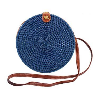 Imagem de SHAREYOIU Candy Colors Bolsas de ombro redondas de vime feitas à mão, estilo praia tropical natural chique com alça de couro, 1 # azul, Big，7.87x 3.2 inch