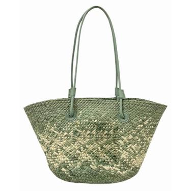 Imagem de SHAREYOIU Bolsa de ombro de palha natural colorida à mão bolsa de praia grande capacidade, Cinza, Large