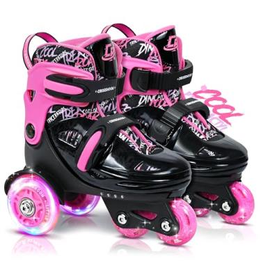 Imagem de Patins infantis com design legal de dinossauro, tênis de patinação para treinamento infantil com proteção tripla de segurança, 4 tamanhos ajustáveis, rodas iluminadas (rosa coral, P - Pequeno (11C-1