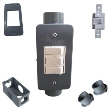 Imagem de Kit Completo Interruptor Triplo Branco 1pol C/Condulete Sobrepor PVC Antichamas (Cinza)