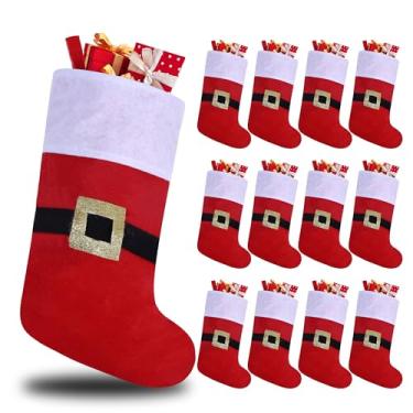 Imagem de Tokforty Pacote com 12 meias de Natal de feltro com fivela, enfeites de Natal vermelhos e brancos de 48 cm, punho branco com fivela, meia de Natal para decorações de Natal em família