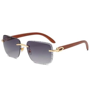 Imagem de Óculos de sol sem aro para mulheres, design de hastes com textura de madeira sintética, proteção solar UV400 (C1) para dirigir com bordas cortadas retrô