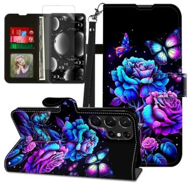 Imagem de BREIDMKFM Capa para Samsung Galaxy S24 Ultra com protetor de tela e suporte, suporte para cartão e alça de pulso, capa protetora magnética de couro flip para Samsung S24 Ultra, borboleta de rosas
