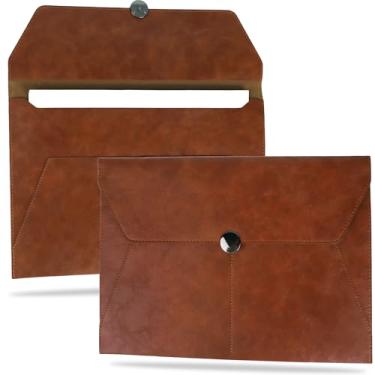 Imagem de Multibey Pasta de arquivos de documentos A4, à prova d'água, fina de couro PU, pasta de envelope A4, organizador de documentos, pasta de envelope de arquivamento (marrom âmbar)