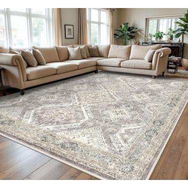 Imagem de KUTA Tapetes de área medalhão oriental 22 x 30 cm, tapetes antiderrapantes extragrandes 22 x 30 para quarto, cinza marfim, amarelo, marrom, lavável, sala de jantar, 21 x 30 cm, estampa floral macia de