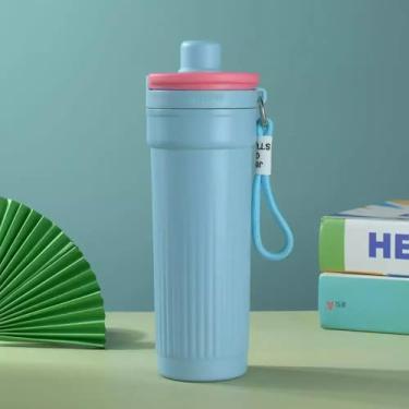 Imagem de Garrafa Térmica de Aço Inox com Alça, Canudo e Parede Dupla de 600ml (Azul)