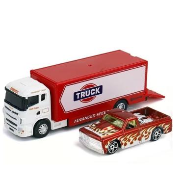 Imagem de Carrinho Reboque Caminhão Die Cast Baú Vermelho Metal 1:64