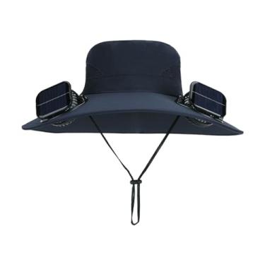 Imagem de Anti-UV 2 Fãs Chapéu Solar Carregamento Ar Refrigerador Ventilador Sun Hat Wide Brim Bucket Hat Para Homens Pescadores Chapéu verão Cooler Sun Cap,Blue