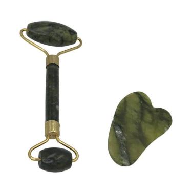 Imagem de Rolo Pedra De Jade + Placa Gua Sha Massagem Facial Anti Ruga