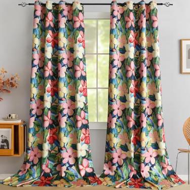 Imagem de Cortinas blackout florais tropicais de 300 cm de comprimento extralongas, cortinas de flores rosa com bloqueio de sol, privacidade para janela de teto, cortinas de hibisco coloridas havaianas com