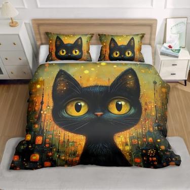 Imagem de Reofrey Conjunto de edredom solteiro de 3 peças com estampa de gato de Halloween – O jogo de cama solteiro de microfibra inclui edredom de 172 x 228 cm e 2 fronhas (sem edredom), ideal para decoração