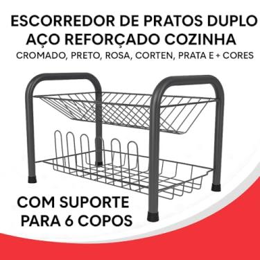 Imagem de Escorredor Duplo De Louça 2 Andares Aço Reforçado Prato Copo Pé Emborrachado Premium Design Moderno Prático Pronto para Uso (Grafite)