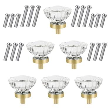 Imagem de Maçanetas de armário de vidro cristal pacote com 6 maçanetas de gaveta douradas, alças de vidro de 3,6 cm de diâmetro para cozinha, banheiro, armários vintage, gavetas, cômodas, acessórios