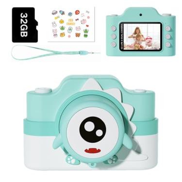 Imagem de Câmera infantil dinossauro para crianças de 3, 4, 5, 6, 7, 8 e 9 anos, lente dupla de 32 MP e câmera digital infantil de vídeo HD 1080p com cartão SD 32G, presente de festival de aniversário para