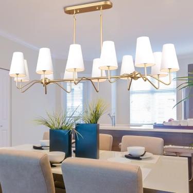 Imagem de Lustres lineares dourados modernos para sala de jantar, com sombra de tecido branco leite, 101,6 cm de altura ajustável, luminária retangular rústica de casa de fazenda para sala de estar, ilha de