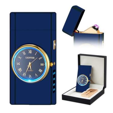 Imagem de SKRFIRE Isqueiro elétrico de plasma de arco duplo, recarregável com indicação de exibição de bateria, gira com caixa de presente para amigos, família, velas (azul)