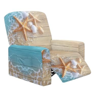 Imagem de Wiryuouvt Capa de sofá reclinável de praia com concha de estrela do mar, capa de sofá elástica para meninos preguiçosos, para cadeira reclinável com alça e bolsos de armazenamento, protetor de móveis
