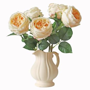 Imagem de Rosas falsas champanhe, 4 peças, peônias de toque real, rosa, seda realista, com hastes, cabeças grandes, flores de látex artificial, buquê de casamento, para festas, arranjos de flores, centros de