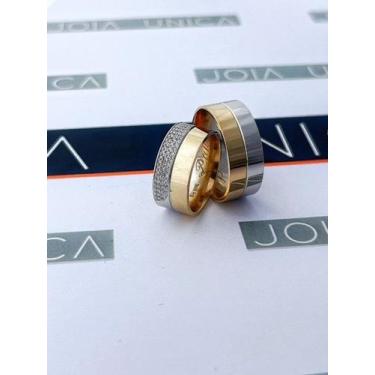 Imagem de Par de Aliancas  de Bodas em Ouro 18K amarelo e branco cravadas na fem