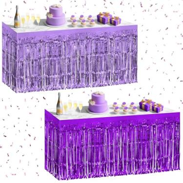 Imagem de Pacote com 2 saias de mesa roxas claras roxas escuras, 73,7 x 274,3 cm de folha metálica com franjas para mesas retangulares, cortinas de flâmula pano de fundo, decorações de festa para aniversários