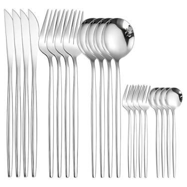 Imagem de Conjunto de Talheres de AçO InoxidáVel com 24 PeçAs 416 UtensíLios de Cozinha Talheres Dourados Talheres de Prata(Textura Prata(Kit 24 Pcs))