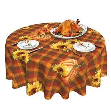 Imagem de Toalha de mesa de outono toalha de mesa xadrez de ação de graças redonda 152 cm, feriado outono abóbora girassol toalha de mesa laranja, casa de fazenda à prova d'água tecido limpável capa de mesa para acampamento ao ar livre decoração de festa