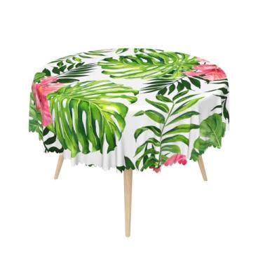 Imagem de SIEDYCV Toalha de mesa floral tropical redonda 152 cm folha de palmeira verde hibisco rosa rosa rosa tecido resistente a óleo reutilizável verão primavera planta capa de mesa para jardim piquenique