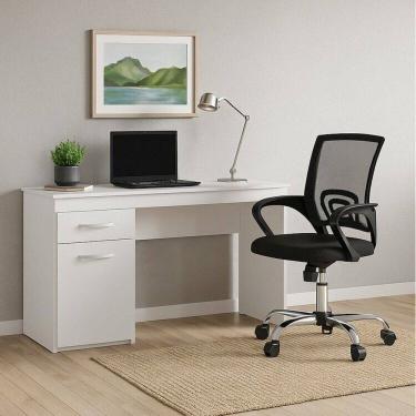Imagem de Escrivaninha 1 Porta 1 Gaveta Vitória Branco com Cadeira Escritorio Diretor Tela Mesh Tok 3310 Preto Branco/Preto