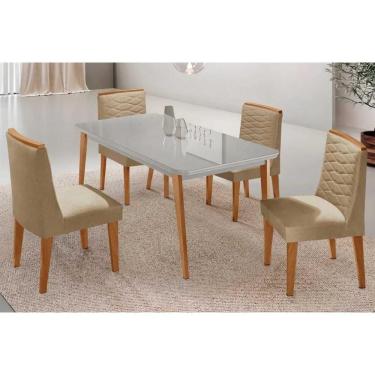 Imagem de Conjunto Sala de Jantar Havana c/ Tampo Madeirado c/ Vidro Canto Curvo 120x80cm e 4 Cadeiras Maldivas Madeira Maciça Naturale/Off White - Capuccino/Li
