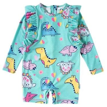 Imagem de Macaquinho Praia Infantil Proteção UV Dinossaura Love Verde Água Tip Top-Feminino