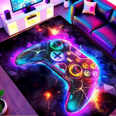 Imagem de Tapete de área de jogos neon de 1,5 x 2,1 m para quarto de meninos, tapete colorido para decoração de sala de jogadores, tapete de videogame antiderrapante para sala de jogos de adolescentes ou zona