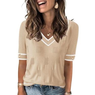 Imagem de Suéter feminino AKEWEI, primavera, decote em V, manga curta, tricotado