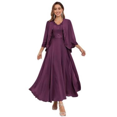 Imagem de Vestido Mãe da Noiva CDSSL com decote em V, chiffon, ameixa, tamanho 1