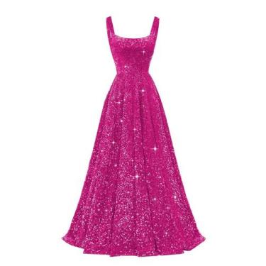 Imagem de Vestido de formatura Miao Duo Sparkly Sequin A Line fúcsia com bolsos