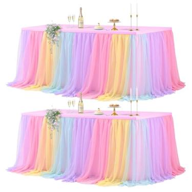 Imagem de Wish Care Pacote com 2 toalhas de mesa de tule arco-íris para mesas retangulares de 1,8 m, saia tutu de tule de camada dupla, unicórnio, babados, pastel, toalhas de mesa elásticas para meninas