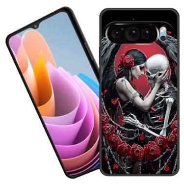 Imagem de BFUKVOU Capa para Pixel 10 Pro XL, capa protetora de corpo inteiro de borracha de silicone macio premium para Google Pixel 10 Pro XL 6,8 polegadas 2025, mulher e caveira com rosas