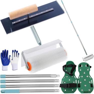 Imagem de Kit de ferramentas de autonivelamento rolo pontiagudo de 25,4 cm com haste de extensão de 157,5 cm sapatos de ponta de rolo epóxi para piso de concreto epóxi espátula entalhada de cimento ferramentas