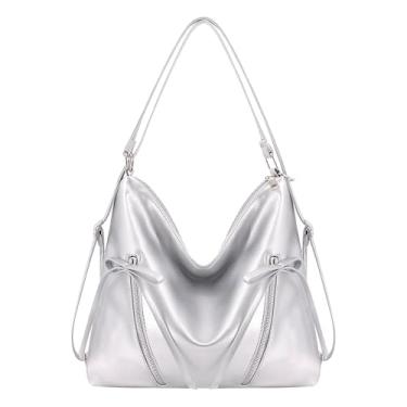 Imagem de Naimo Bolsa de ombro feminina de couro grande bolsa Hobo elegante bolsa vintage, Laço prata
