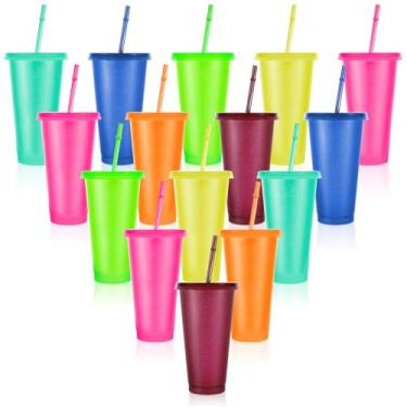 Imagem de Pacote com 15 copos com canudo e tampa, garrafa de água com purpurina, reutilizáveis, copos de lembrancinha de festa, multicolorido, para viagem, piscina, copos de café de plástico com tampas e