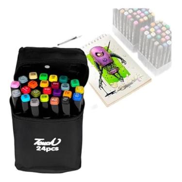 Imagem de Canetinhas Ponta Dupla Kit 24 Cores Para Artista Estudante Trabalho Caligrafia Marcadores Permanentes Desenho Profissional Secagem Rápida Antitóxica Estojo Incluso - Qualidade Premium